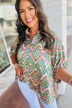 Dark Green Abstract Print Half Sleeve Button up Loose Shirt