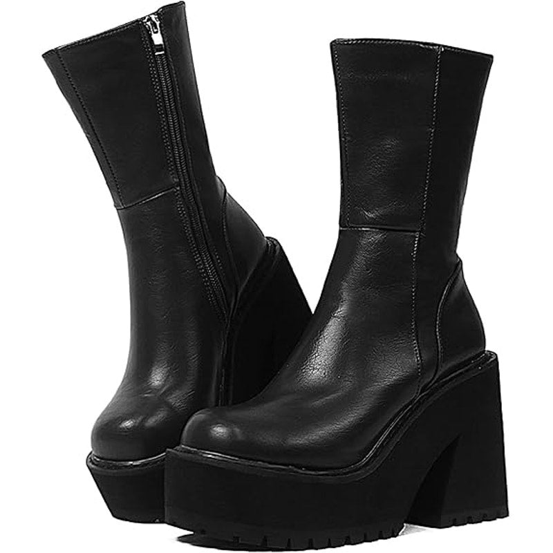 New Aminugal Womens Size 5.5 Black Faux Leather 4" Platform Heel Ankle Boots