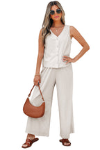 Apricot Buttoned V Neck Tank Top and Wide Leg Pants Casual Outfit