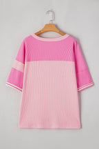 Pink Stripe Waffle Patchwork Loose T-Shirt
