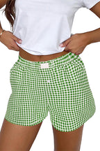 Fern Green Vintage Plaid Print High Waisted Loose Wide Leg Shorts