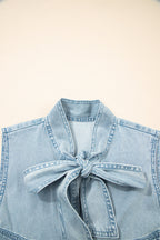 Real Teal Bowknot Neck Ruffled Sleeveless Chambray Dress