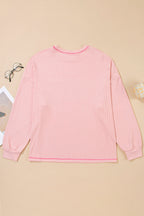 Bonbon Ribbed Exposed Seam Chest Pocket Plus Size Long Sleeve Top