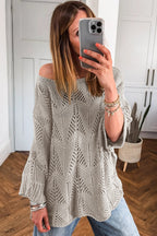 Navy Blue Hollow Out Knit 3/4 Sleeve Loose Sweater
