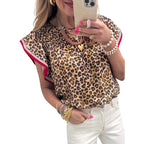Womens Fashion Leopard-Print Ruffle-Trim Loose Chiffon Blouse
