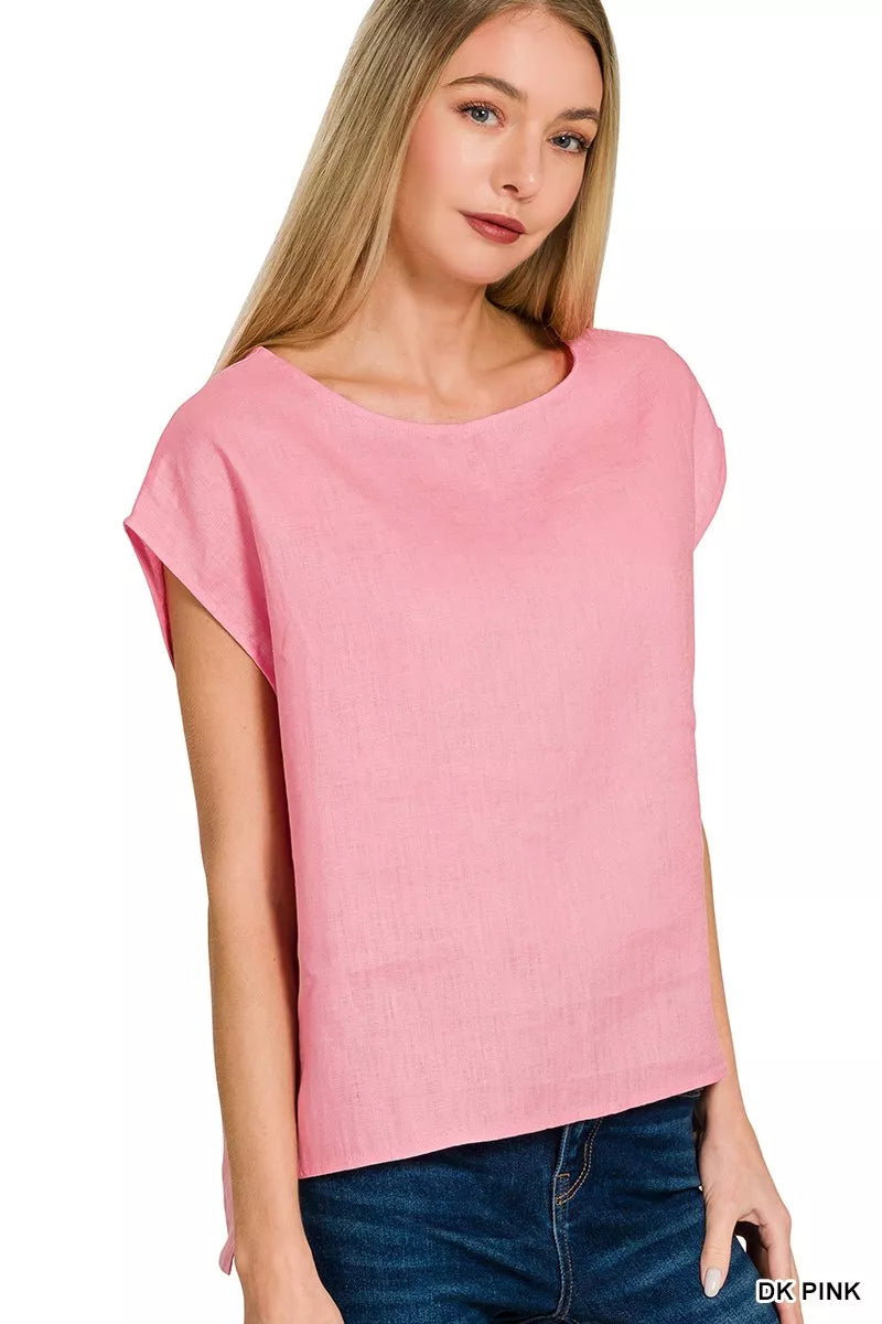 Zenana Linen Round Neck Cap Sleeve Top