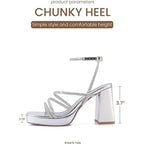 Shoe'N Tale Womens 8 Silver Mirror 4" Platform Heel Open Toe Ankle Strap Shoes