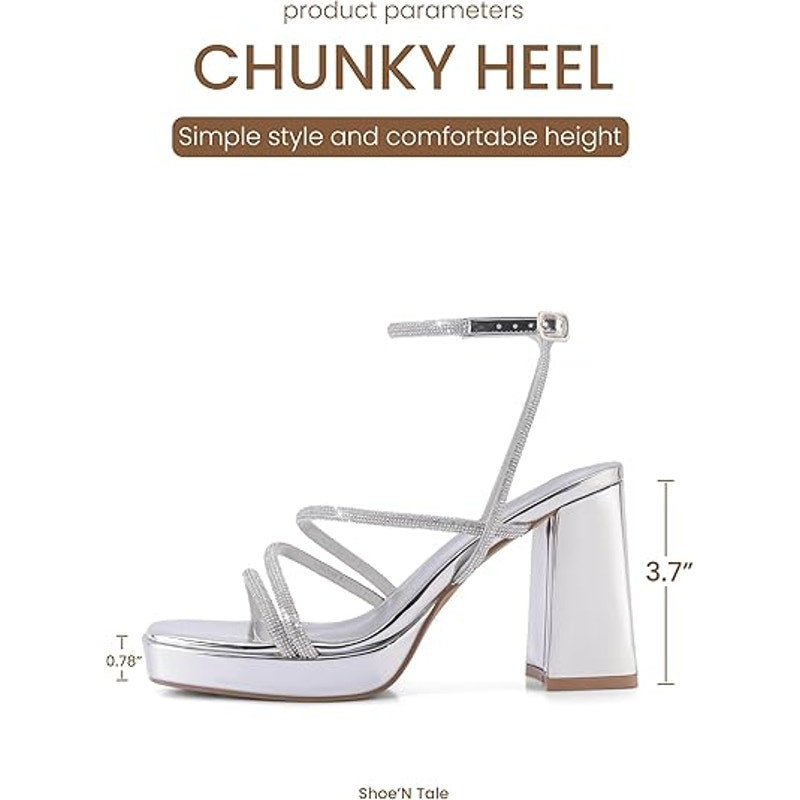 Shoe'N Tale Womens 8 Silver Mirror 4" Platform Heel Open Toe Ankle Strap Shoes