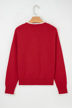 Fiery Red Contrast Trim Big Bow Accent Holiday Cropped Sweater