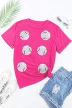 Rose Red Sequined Baseball Graphic Cotton T Shirt