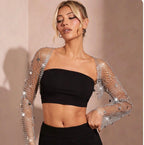 Fishnet Sequin Cardigan Top With Diamond Embellishments