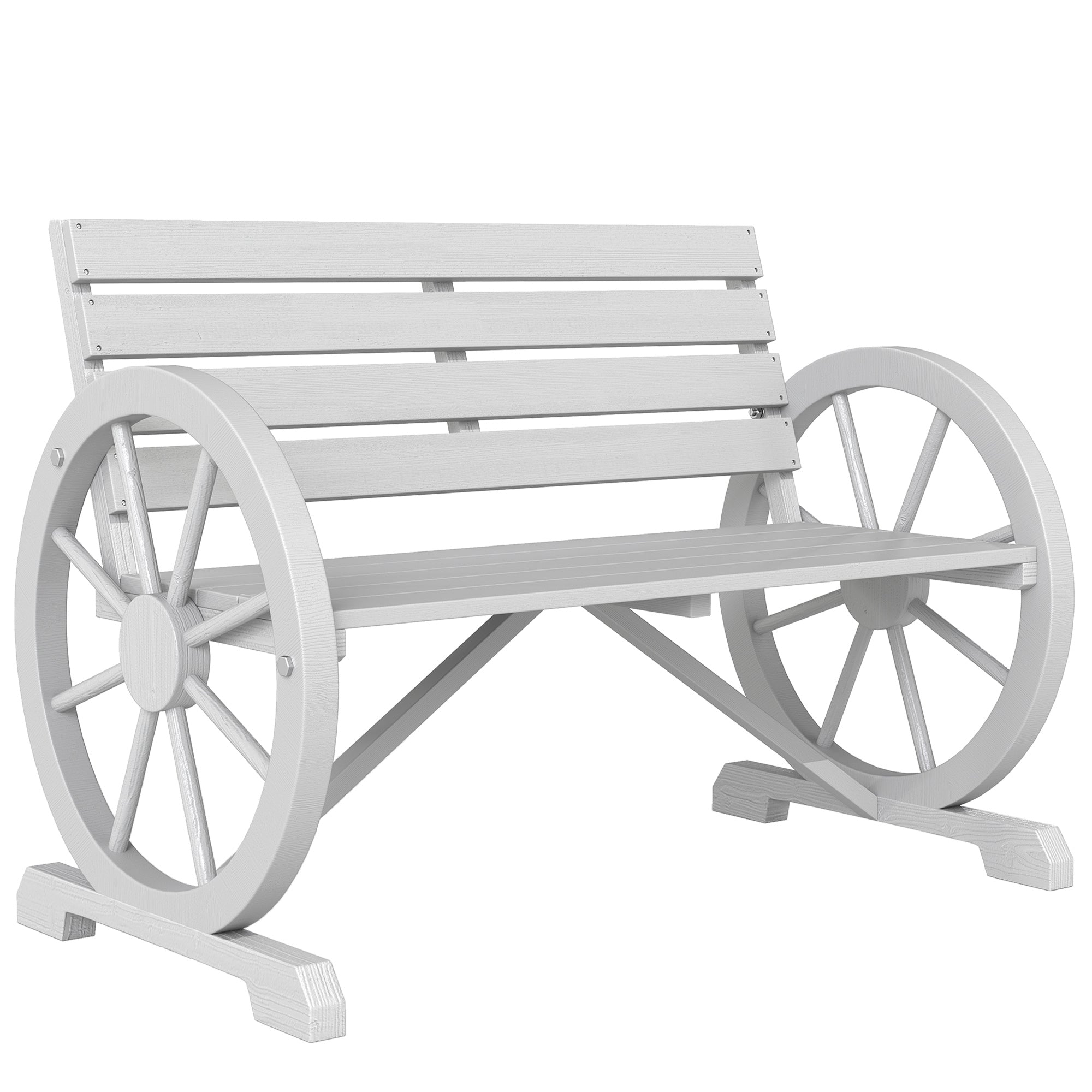 41" Wooden Wagon Wheel Bench Rustic Outdoor Patio Weather Resistance Furniture 2-Person Slatted Seat Bench with Backrest Light Gray