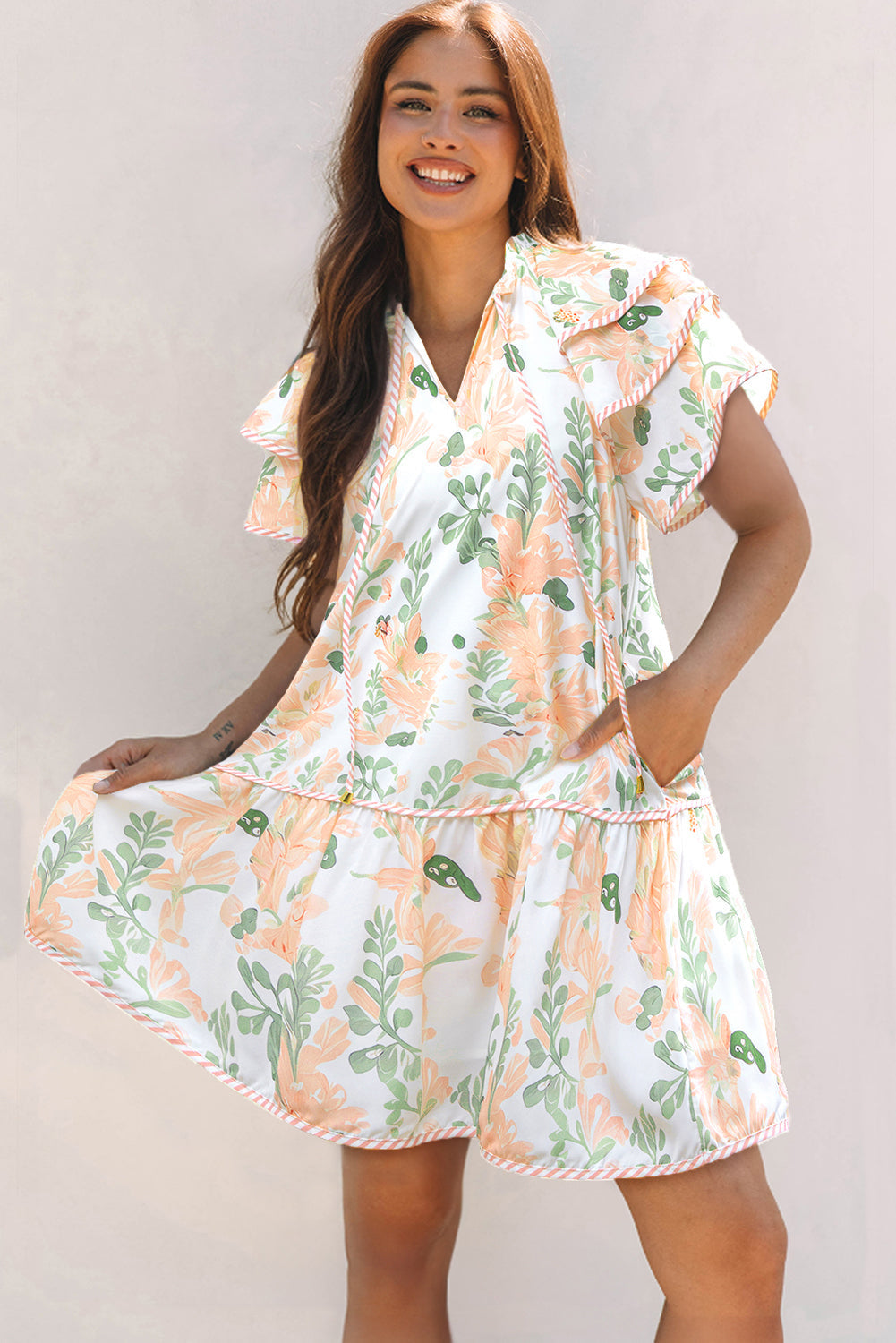 Orange Floral Contrast Edge Layered Short Sleeve Mini Dress