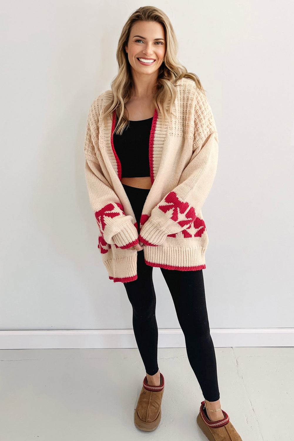 Apricot Bow Pattern Textured Open Front Baggy Cardigan