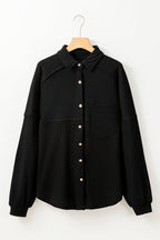 Black Waffle Knit Patchwork Exposed Seam Loose Shacket
