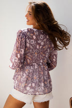 Blue Boho Flower Print 3/4 Sleeve Babydoll Blouse