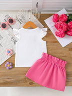 Children's Floral Applique Ruffle Sleeve Top & Skirt Set