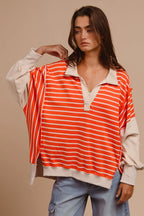 BiBi Stripe Knit Loose Fit Top With Cut Edge Detail