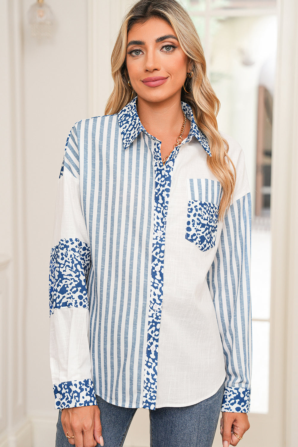 Pink Leopard Striped Patchwork Button-up Shirt