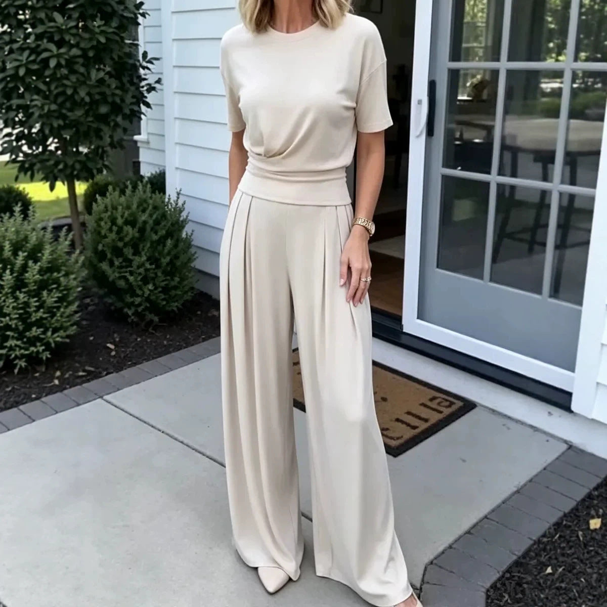 Women's Loose Crew-Neck T-Shirt & Wide-Leg Pants Two-Piece Set
