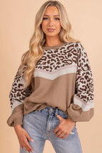 Straw Yellow Leopard Colorblock Patchwork Round Neck Sweater