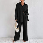 Women's Pleated Long Sleeve Lapel Two-Piece Set – Loose Top & Pants