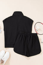 Parchment Textured Half Zip Kangaroo Pocket Top Drawstring Shorts Set