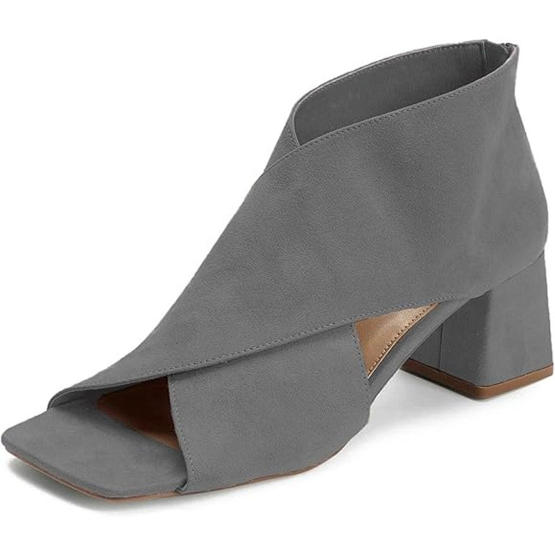 Lehoor Womens Size 10 Gray Faux Suede Open Toe 2.5" Block Heel Back Zip Shoes