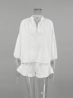 Tie Neck Balloon Sleeve Blouse and Shorts Set