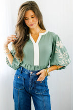 Smoke Green Color Block Patchwork V Neck Embroidered Puff Sleeve Babydoll Blouse