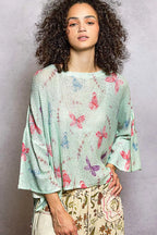 POL Butterflies Pattern Round Neck knit Top with Outseam Rolling Edge