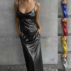 Textured Mirror-Finish U-Neck Slip Maxi Dress with Pockets