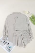 Gray Shirred Hem Crop Tank Top Loose Shorts Cardigan 3 Piece Pajama Set