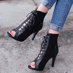 Roimaash Womens Size 9.5 Black Faux Suede Lace Up Peep Toe 4" Heel Boot Shoes
