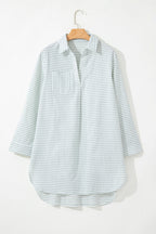White Stripe Collared V Neck Chest Pocket Long Sleeve Beach Cover up