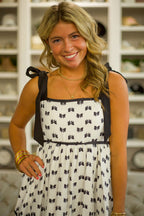 White Bow Contrast Trim Knotted Shoulder Mini Dress