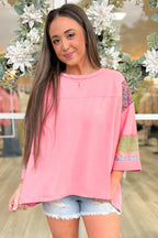 Gossamer Pink Floral Color Block Patchwork Long Sleeve Top