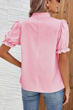 Pink Striped V Neck Puff Sleeve Blouse