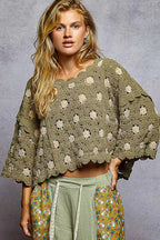 POL Contrast Crochet Cropped Knit Top