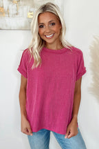 White Crinkle Rib Textured Knit Round Neck T Shirt