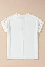 White Crinkle Rib Textured Knit Round Neck T Shirt
