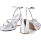 Shoe'N Tale Womens 8 Silver Mirror 4" Platform Heel Open Toe Ankle Strap Shoes