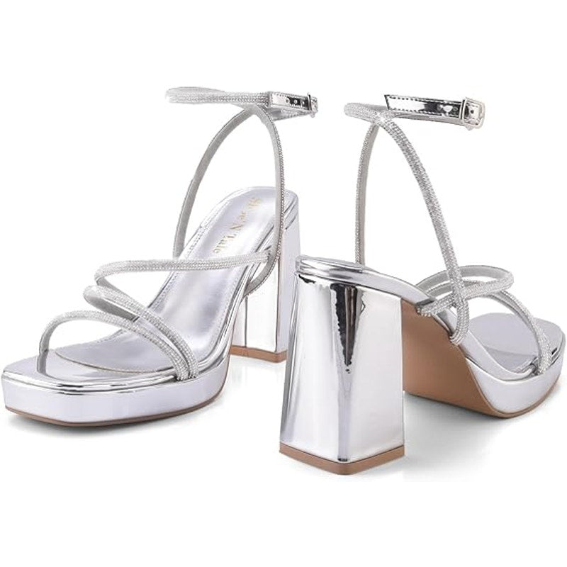 Shoe'N Tale Womens 8 Silver Mirror 4" Platform Heel Open Toe Ankle Strap Shoes