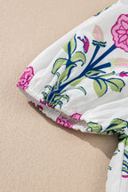 White Floral Puff Short Sleeve V Neck High Waist Maxi Dress