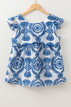 Blue Boho Print Flutter Sleeve Crew Neck Blouse