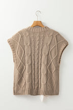 Simply Taupe Cable Knit Colorblock Satin Bowknot Short Sleeve Sweater