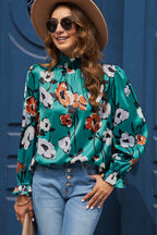 Green Mock Neck Top Floral Print Long Sleeve Silk Blouse
