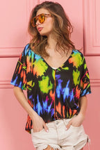BiBi Tie Dye Print Jersey Stitched V Neck Top