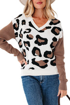 Jet Stream Leopard Print Color Block Patchwork Sleeve V Neck Sweater