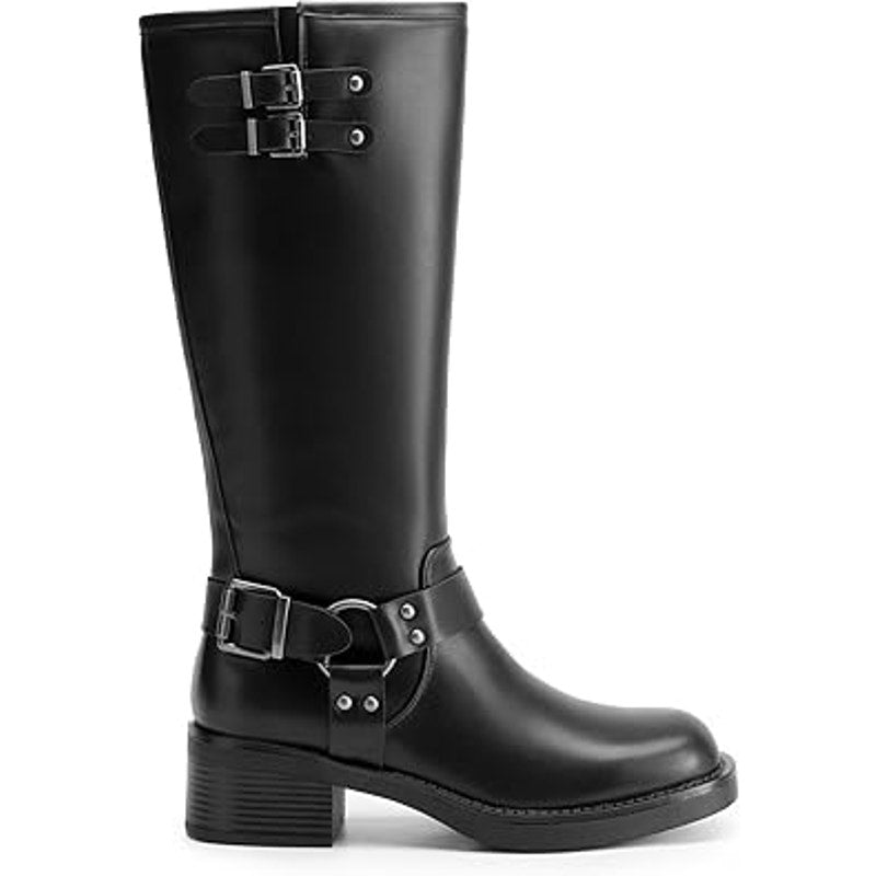 Dream Pairs Womens 9.5 Black Faux Leather 2" Heel Silver Buckle Motorcycle Boots